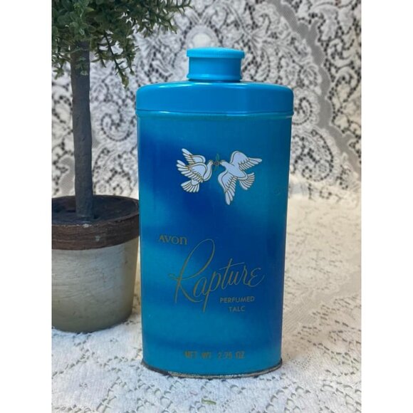 Avon Rapture Perfumed Talc 2.75 Oz Vintage Collectible Tin Blue - Picture 1 of 2